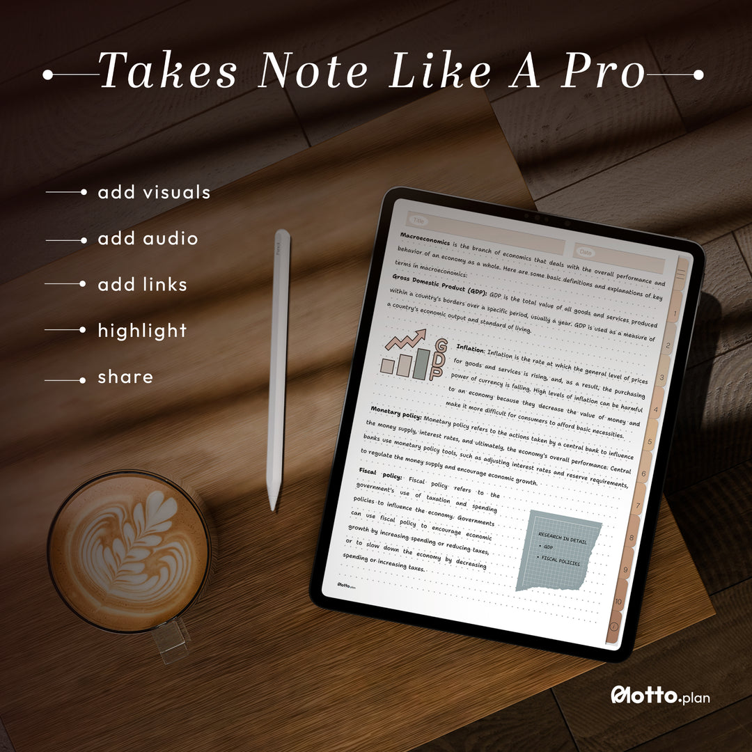 Enhance your note-taking with visuals, audio, links, highlights, and easy sharing in this digital notebook.