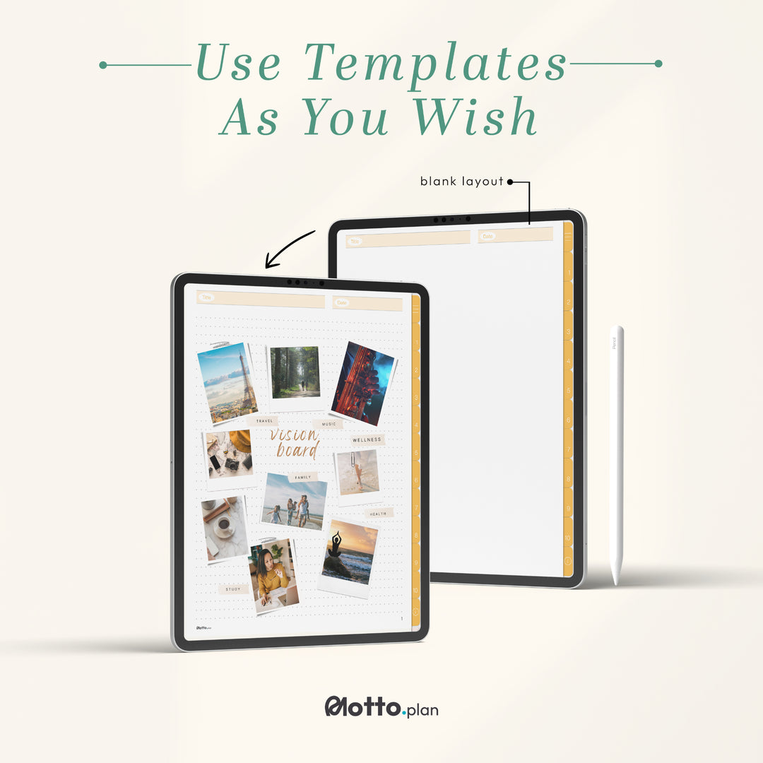 Use blank layout and other note templates as per your preference in this customizable digital notebook.
