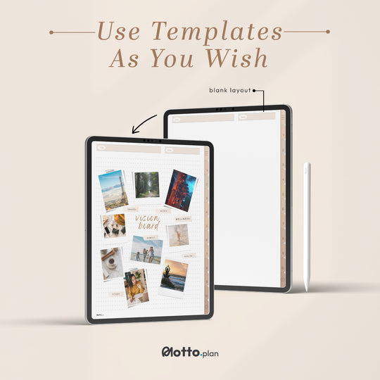 Use blank layout and other note templates as per your preference in this customizable digital notebook.