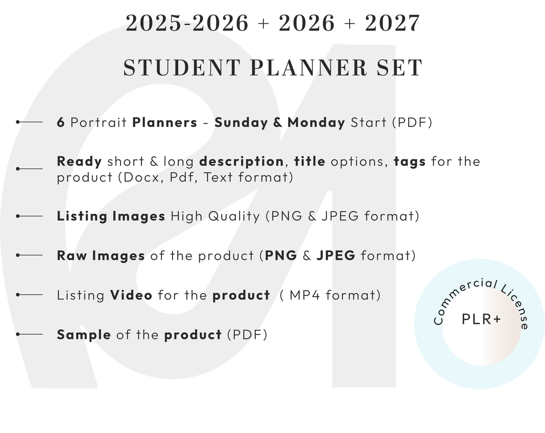 PLR Digital Products | Ready to Sell 2025 + 2026 + 2027 Premium Student Planners with Resell Rights | Pack with Listing Materials Included
