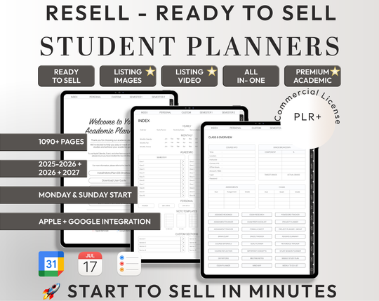 PLR Digital Products | Ready to Sell 2025 + 2026 + 2027 Premium Student Planners with Resell Rights | Pack with Listing Materials Included