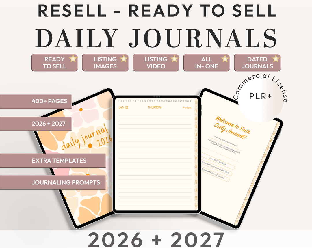PLR Digital Products (8) BUNDLE | Ready to Sell 2026+2027 Digital Journals with Resell Rights | Resell Kit with License, Images & Video