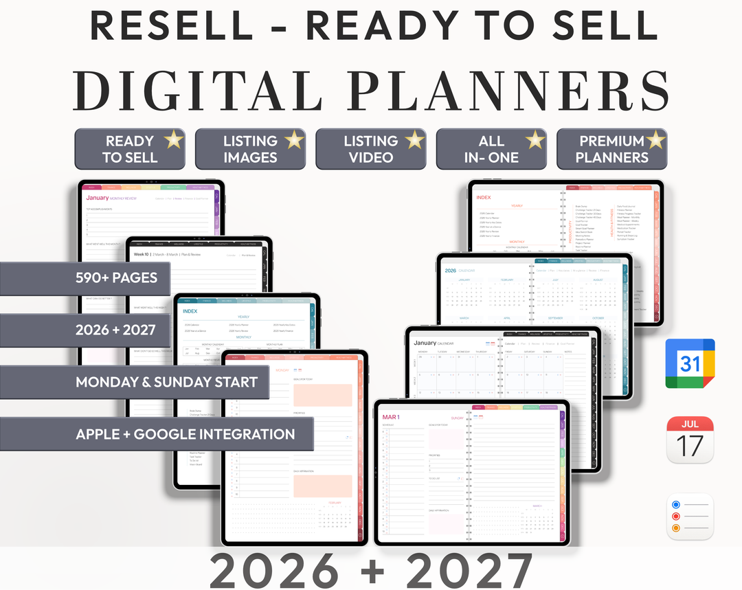 PLR Digital Products (22) BUNDLE | Ready to Sell 2026+2027 Premium Digital Planners with Resell Rights | Pack with Listing Materials Incl.