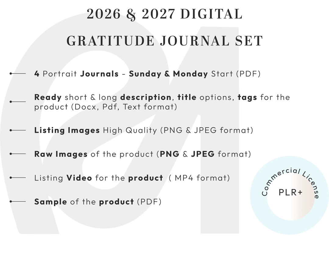 PLR Digital Products | Ready to Sell 2026 + 2027 Premium Digital Gratitude Journal with Resell Rights | Pack with Listing Materials Included