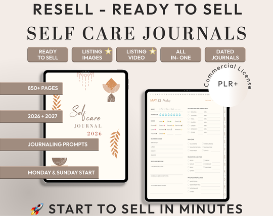 PLR Digital Products | Ready to Sell 2026 + 2027 Premium Digital Self Care Journal with Resell Rights | Pack with Listing Materials Included