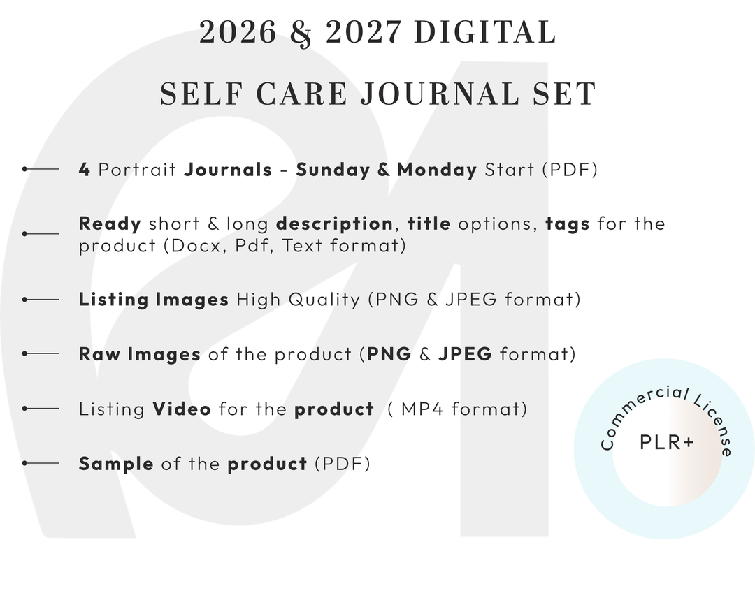 PLR Digital Products | Ready to Sell 2026 + 2027 Premium Digital Self Care Journal with Resell Rights | Pack with Listing Materials Included