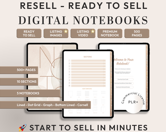 PLR Digital Products | Ready to Sell Premium Digital Notebooks with Resell Rights | Resell Kit with License, Images & Video
