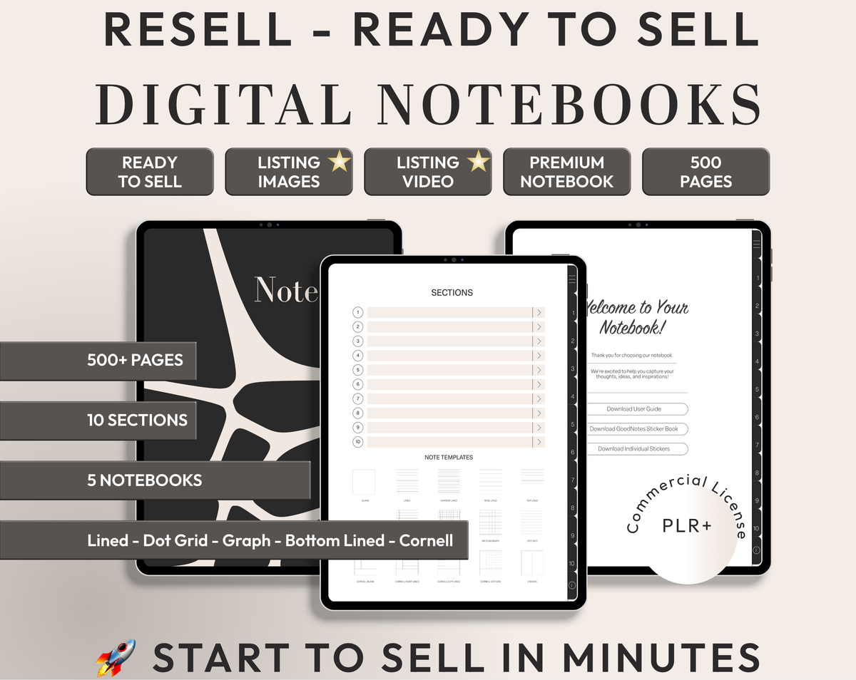 Warm neutral undated PLR digital notebook set with five hyperlinked layouts, sold with resell rights