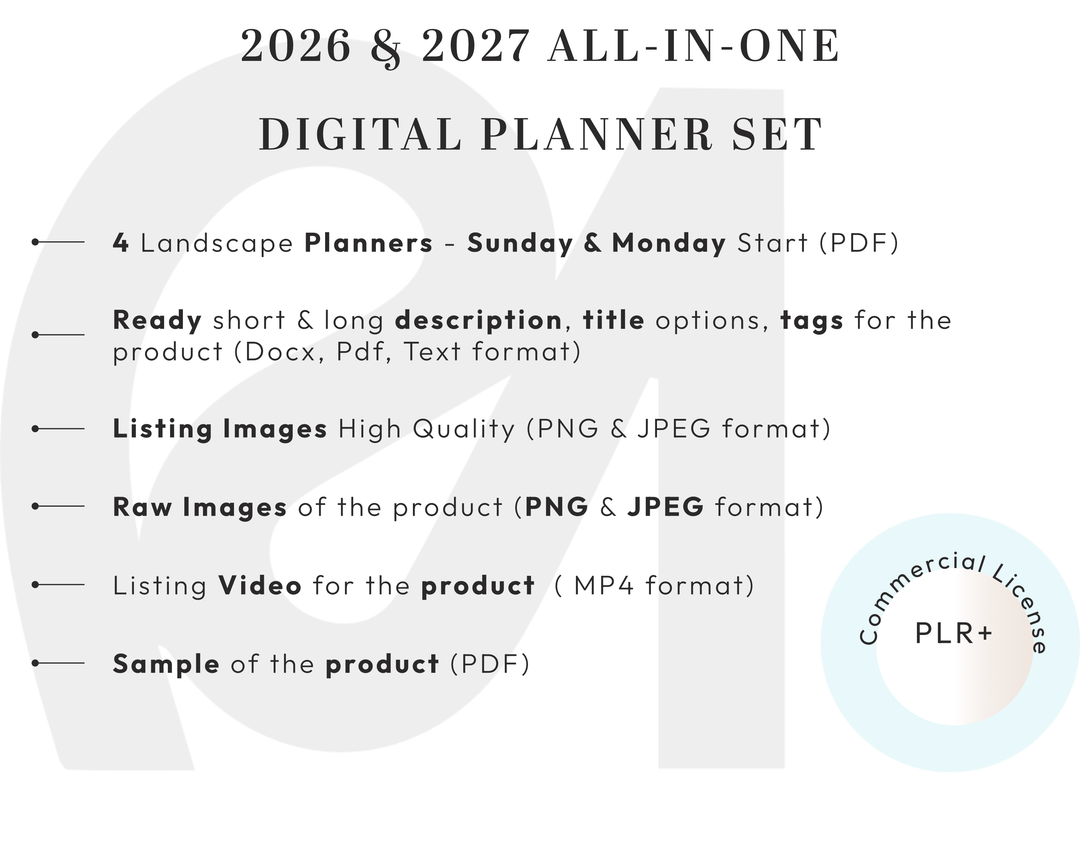 PLR Digital Products | Ready to Sell 2026 + 2027 Premium Digital Planners with Resell Rights | Pack with Listing Materials Included