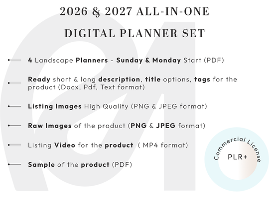 PLR Digital Products | Ready to Sell 2026 + 2027 Premium Digital Planners with Resell Rights | Pack with Listing Materials Included