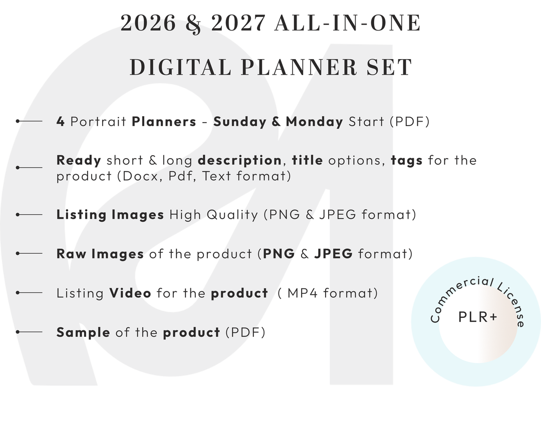 PLR Digital Products | Ready to Sell 2026 + 2027 Premium Digital Planners with Resell Rights | Pack with Listing Materials Included
