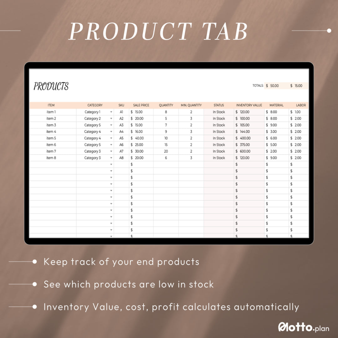 Products Tab in Google Sheets Inventory Tracker – Track end products, monitor stock levels, and auto-calculate inventory value, cost, profit, and profit margin.