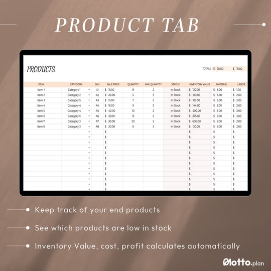 Products Tab in Google Sheets Inventory Tracker – Track end products, monitor stock levels, and auto-calculate inventory value, cost, profit, and profit margin.