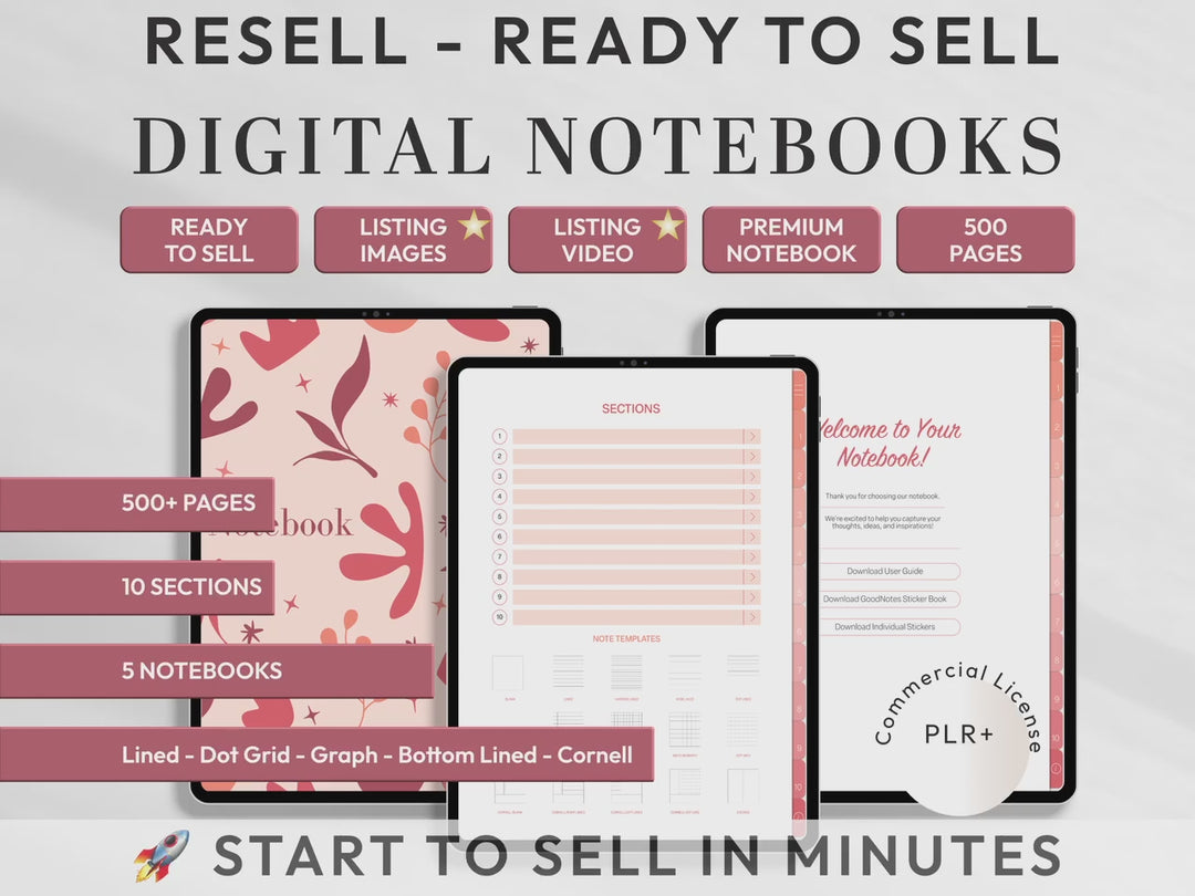 PLR Digital Products | Ready to Sell Premium Digital Notebooks with Resell Rights | Resell Kit with License, Images & Video