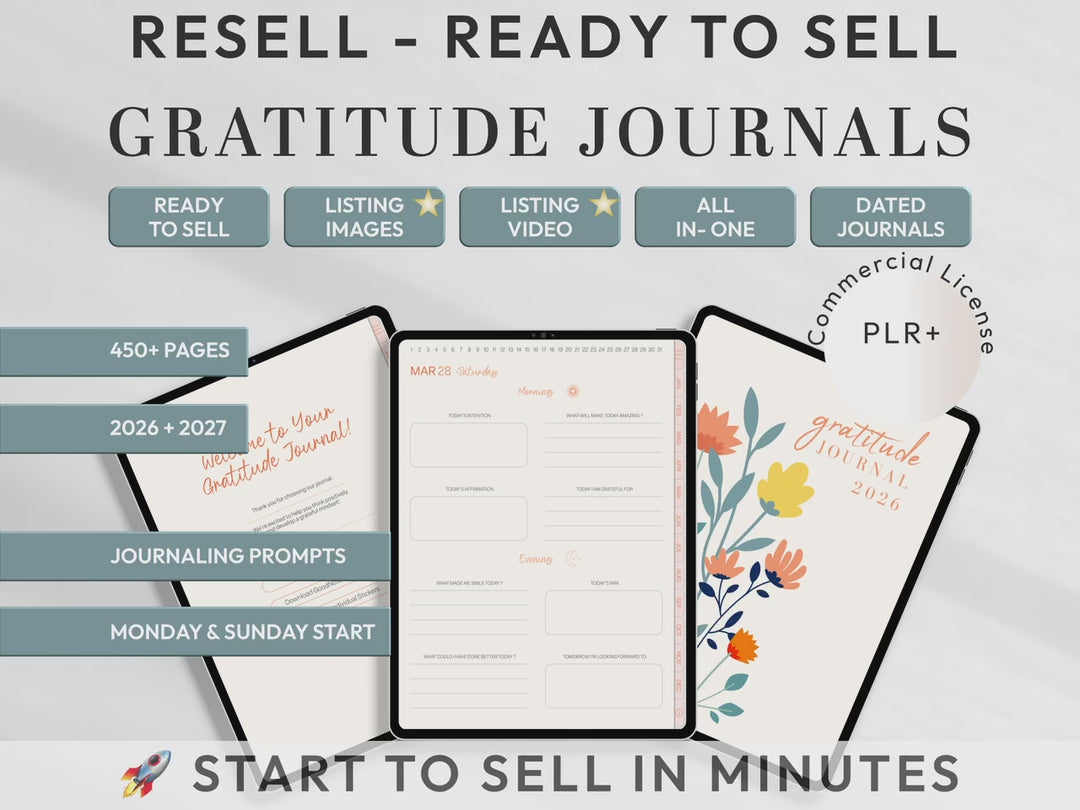 PLR Digital Products | Ready to Sell 2026 + 2027 Premium Digital Gratitude Journal with Resell Rights | Pack with Listing Materials Included