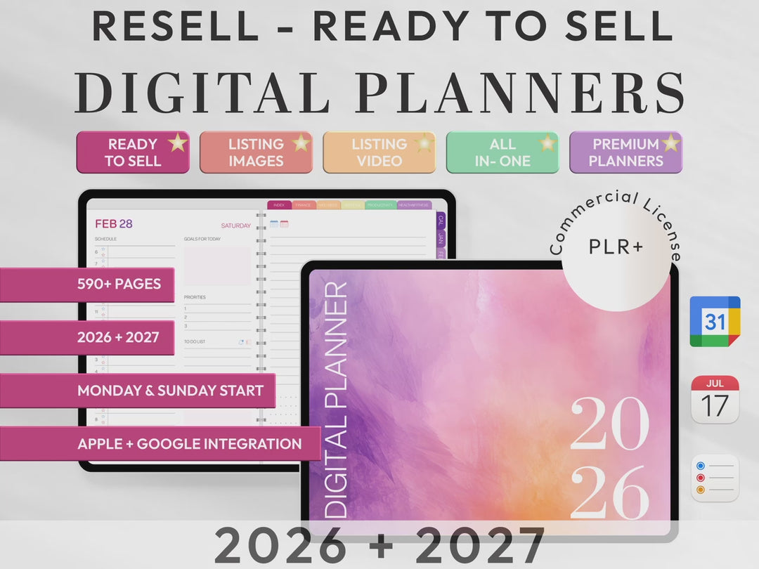PLR Digital Products | Ready to Sell 2026 + 2027 Premium Digital Planners with Resell Rights | Pack with Listing Materials Included