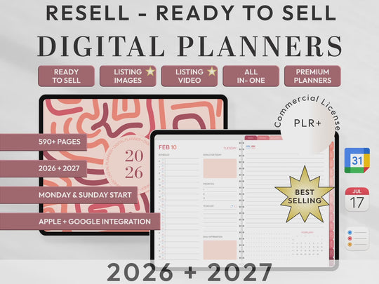 PLR Digital Products | Ready to Sell 2026 + 2027 Premium Digital Planners with Resell Rights | Pack with Listing Materials Included