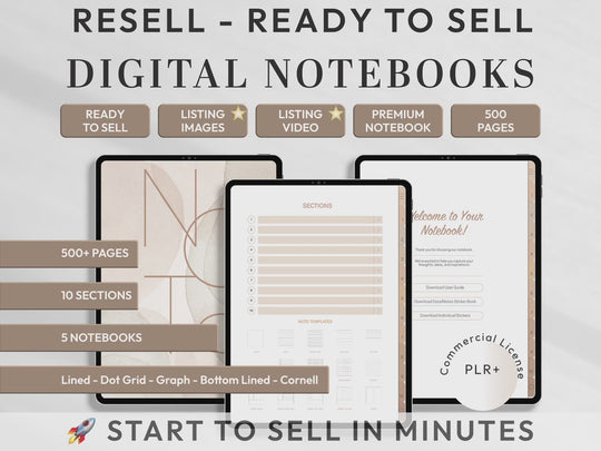 PLR Digital Products | Ready to Sell Premium Digital Notebooks with Resell Rights | Resell Kit with License, Images & Video