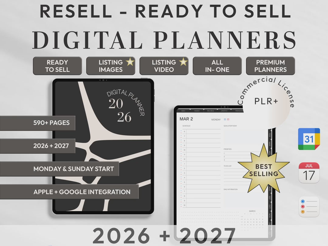 PLR Digital Products | Ready to Sell 2026 + 2027 Premium Digital Planners with Resell Rights | Pack with Listing Materials Included