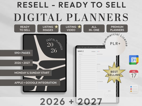 PLR Digital Products | Ready to Sell 2026 + 2027 Premium Digital Planners with Resell Rights | Pack with Listing Materials Included