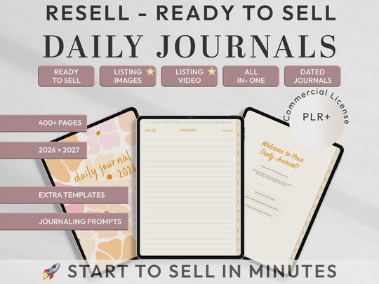 PLR Digital Products | Ready to Sell 2026 + 2027 Premium Digital Daily Journal with Resell Rights | Pack with Listing Materials Included
