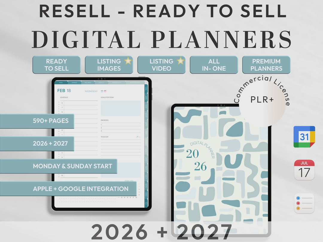 PLR Digital Products | Ready to Sell 2026 + 2027 Premium Digital Planners with Resell Rights | Pack with Listing Materials Included