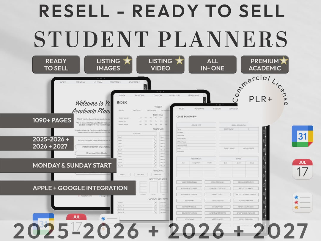 PLR Digital Products | Ready to Sell 2025 + 2026 + 2027 Premium Student Planners with Resell Rights | Pack with Listing Materials Included