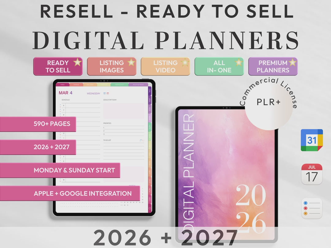 PLR Digital Products | Ready to Sell 2026 + 2027 Premium Digital Planners with Resell Rights | Pack with Listing Materials Included