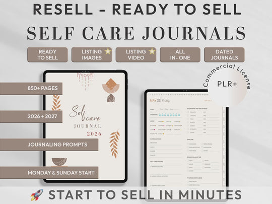PLR Digital Products | Ready to Sell 2026 + 2027 Premium Digital Self Care Journal with Resell Rights | Pack with Listing Materials Included